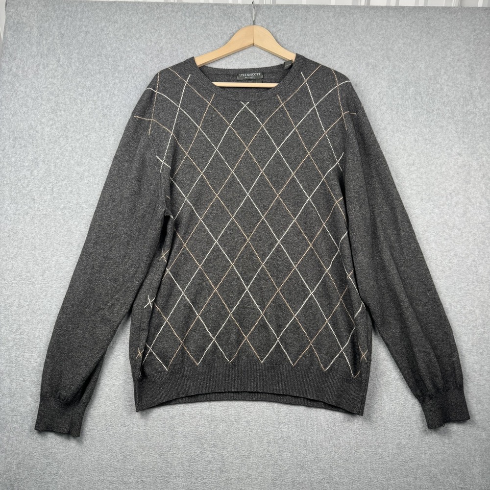 Lyle & Scott Sweater Mens Large Gray Silk Cashmere‎ Argyle Crewneck Knit Grandpa